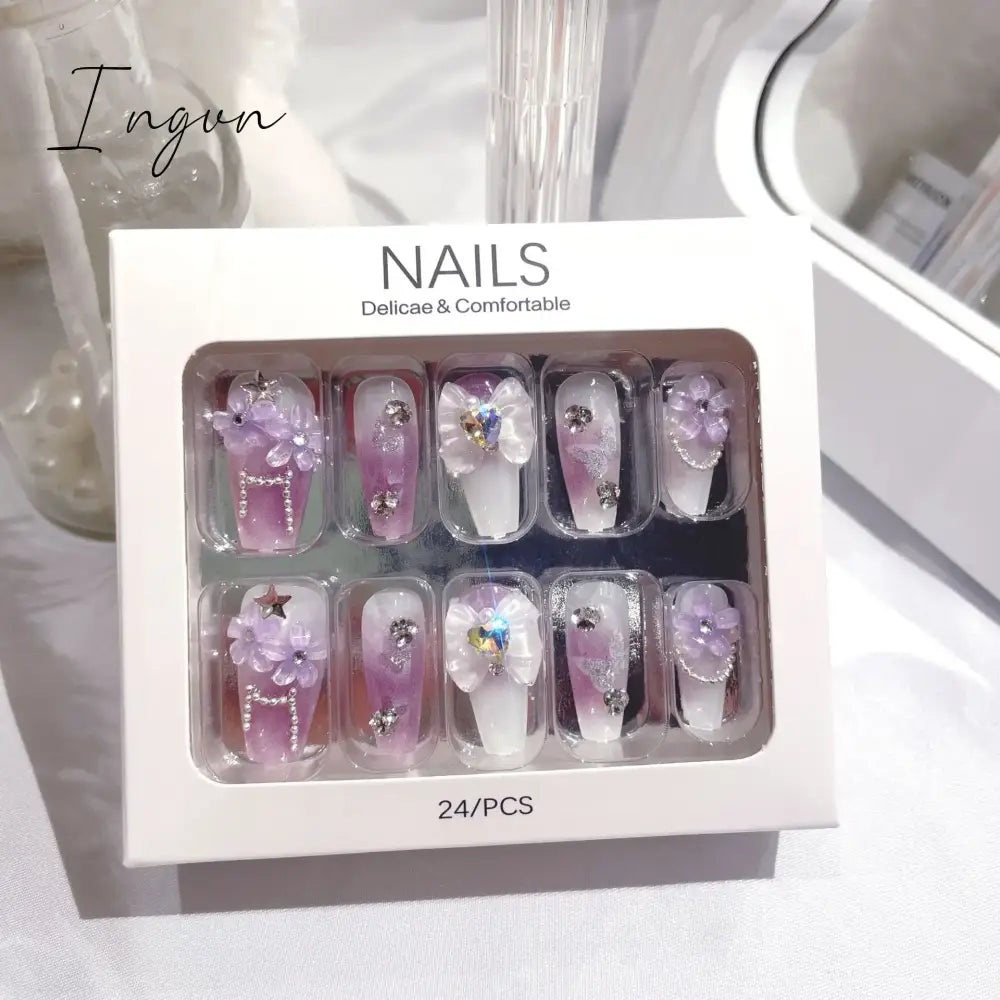 Handmade Press on Nails Long Ballet Blue Fake Nails with 3D Snowflake Moon Rhinestone Design False Nails Full Cover Nail Tips