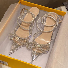 Fashion Glitter Rhinestones Women Pumps Crystal Bowknot Silk Pointed Toe Buckle Strap Thin High Heels Party Prom Shoes