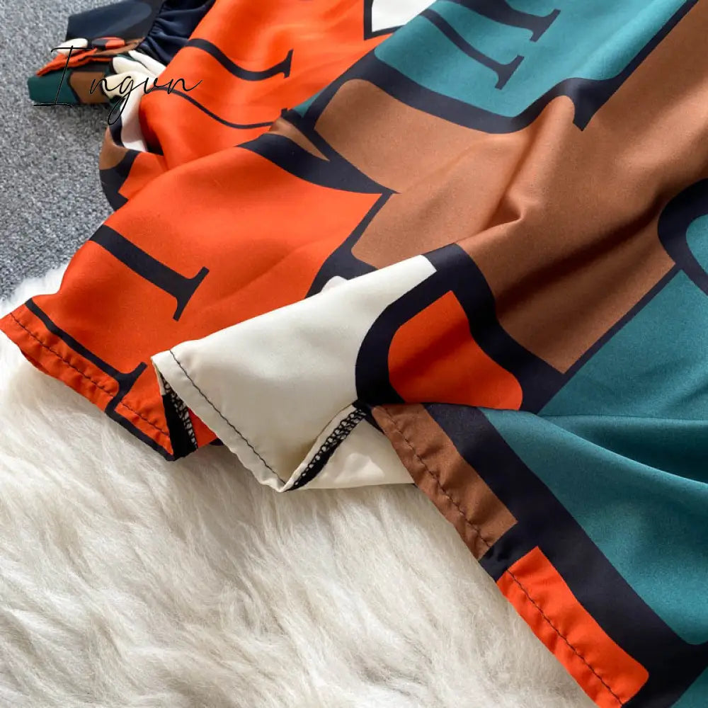 Ingvn - Women's Dress Spring Retro Print Casual Set Design Batwing Sleeve Single Breasted Blouse+High Waist Long Pants Two Piece Suits