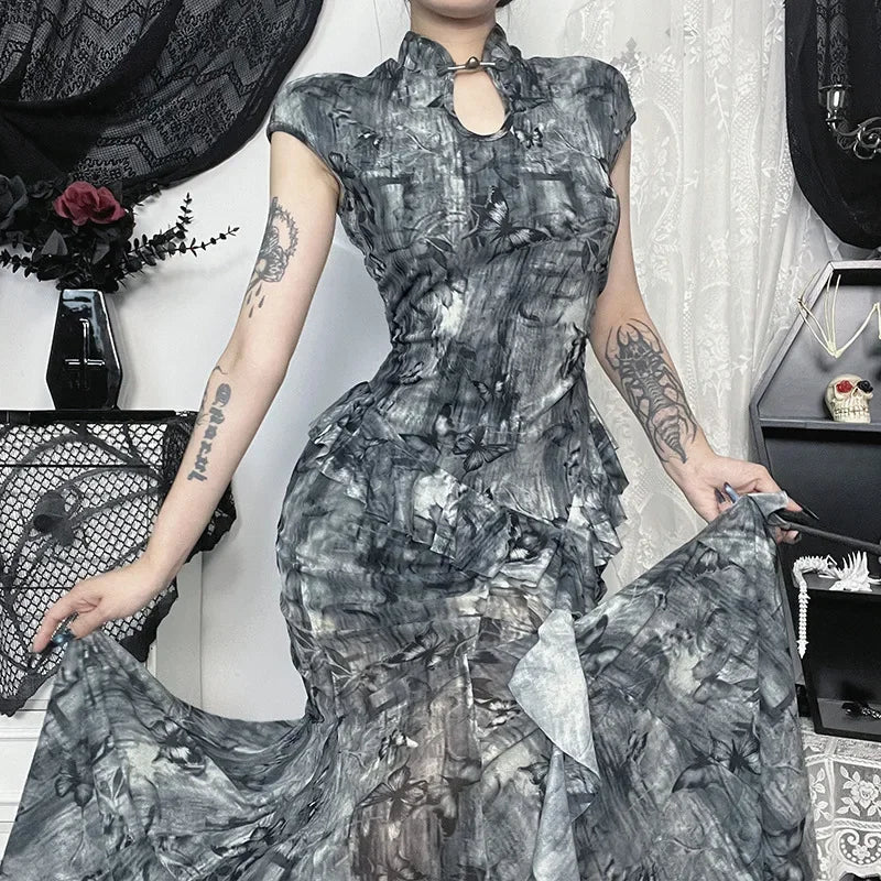 Vintage Chinese Style Skirt Women Aesthetic Fairy Grunge Elegant Butterfly Printed High Waist Skirt Y2k E-girl Clubwear