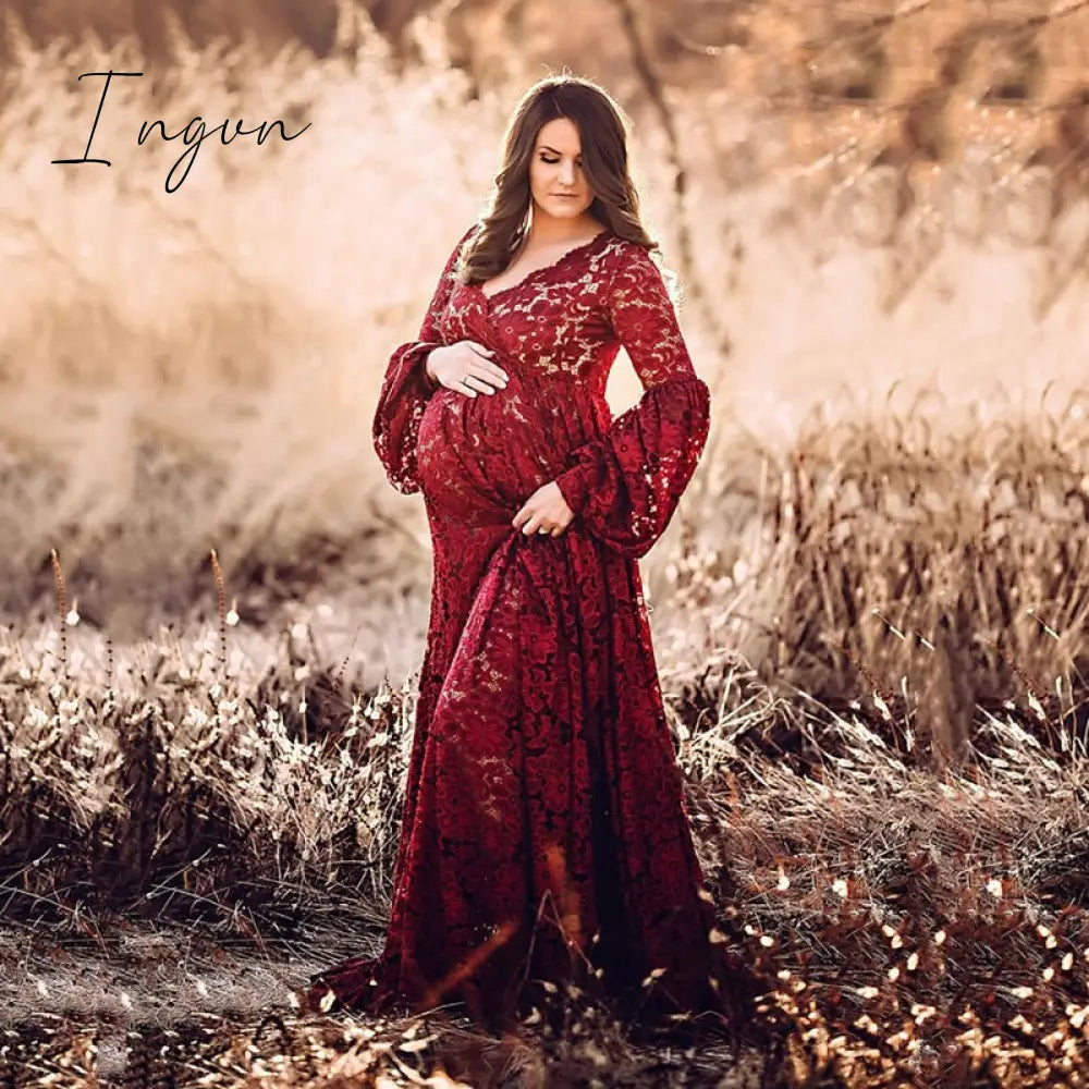 Ingvn - Boho Style Lace Maternity Dress For Photography Maternity Photography Outfit Maxi Gown Pregnancy Women Lace Long Dress