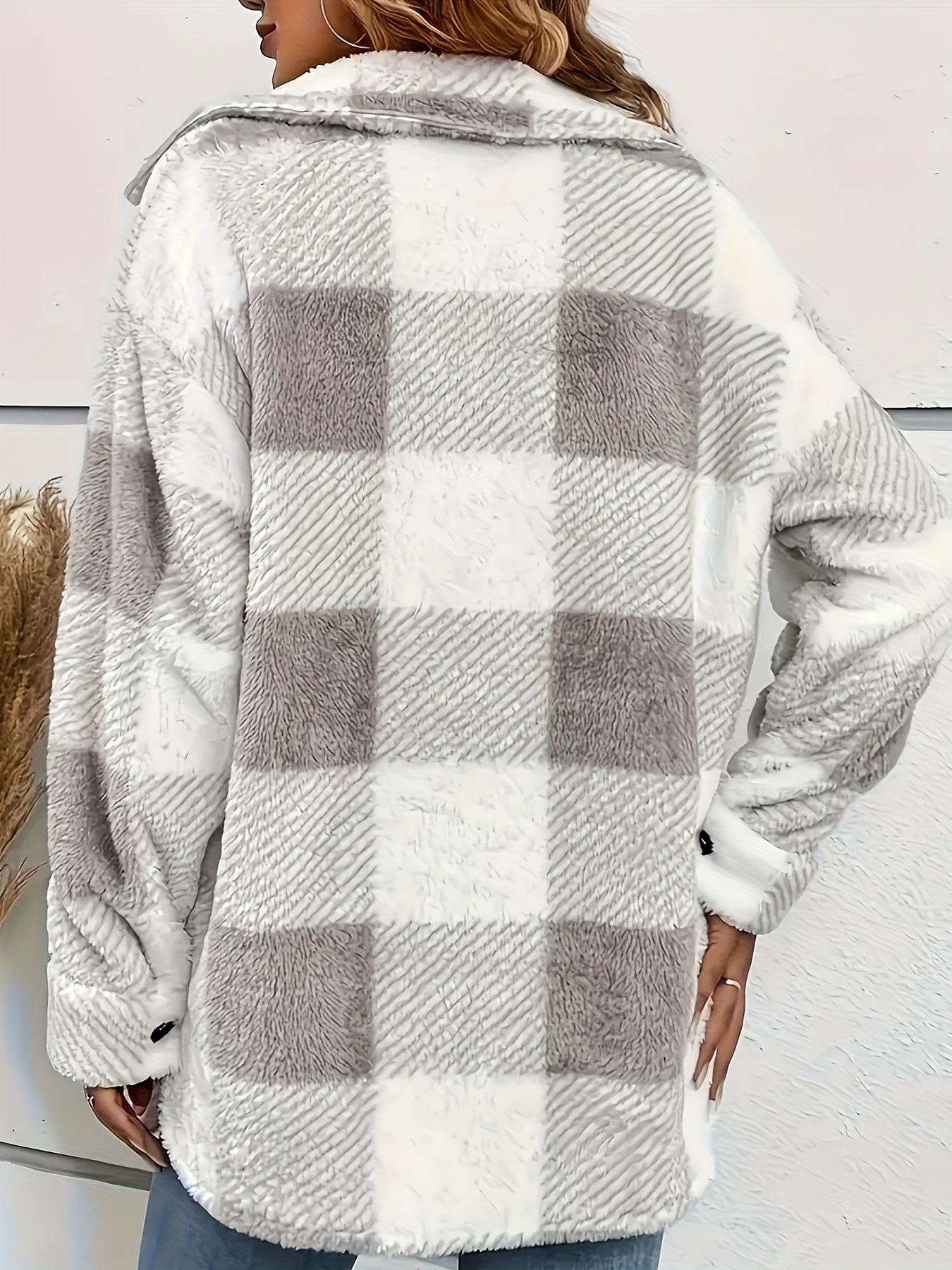 Plaid Pattern Button Front Jacket, Elegant Long Sleeve Warm Outerwear For Fall & Winter, Women's Clothing