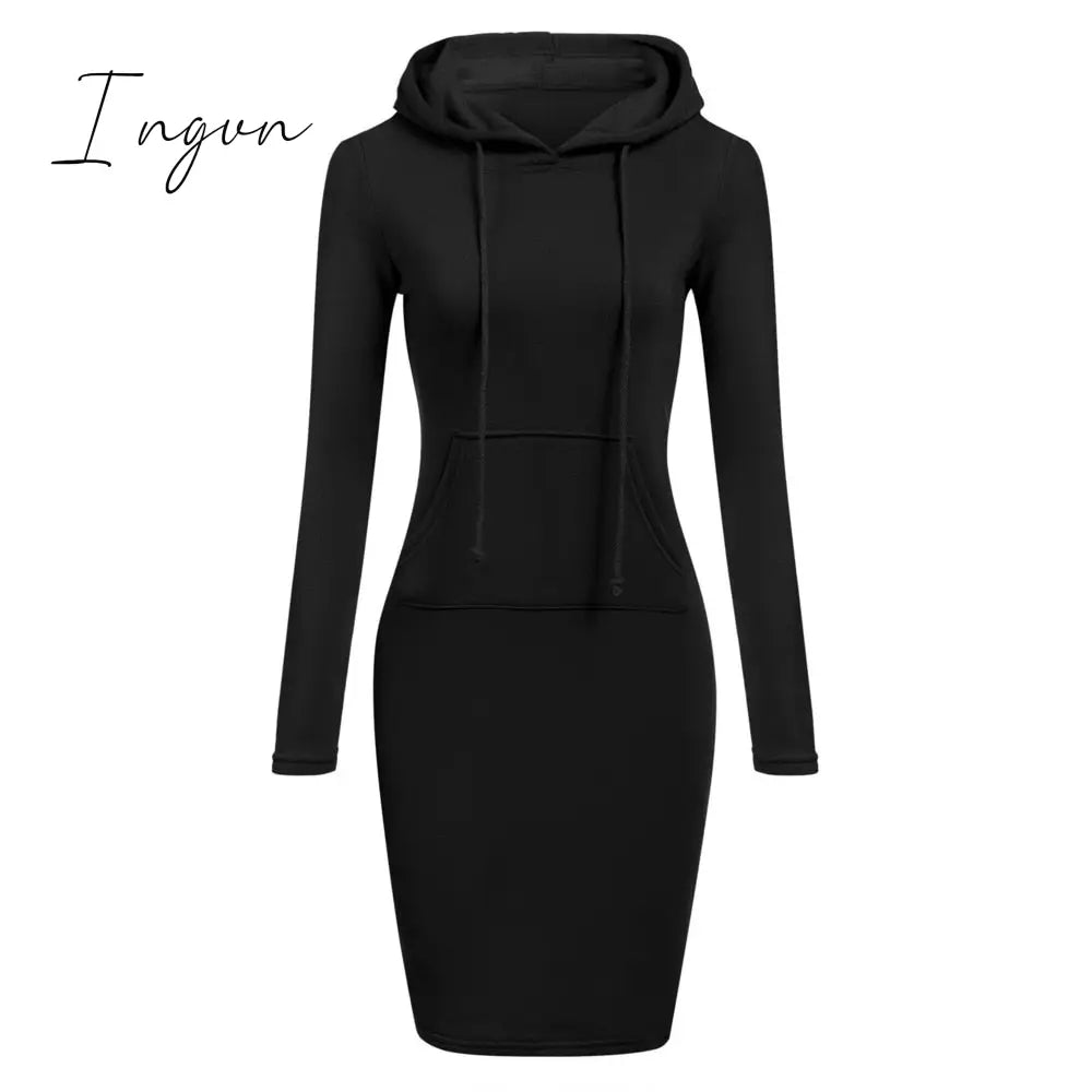 Ingvn - Autumn And Winter Hoodie Dress Elegant Long Sleeve Pocket Combining Casual Women's Midi Dresses