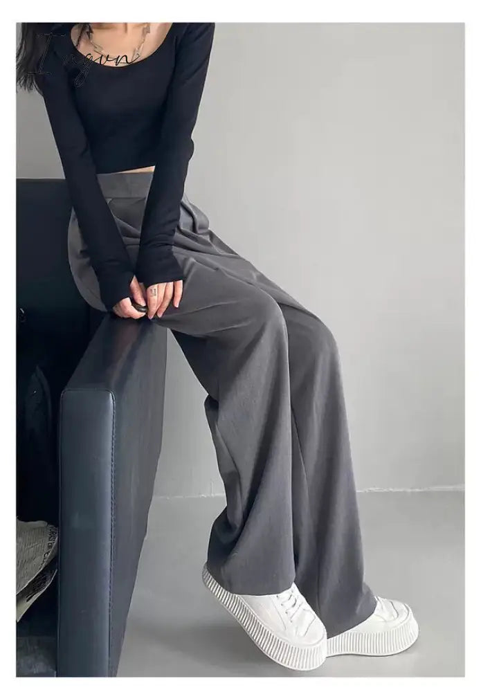 Ingvn - Brown Wide Leg Women's Classic Suit Pants Vintage Palazzo Office Elegant Casual Balck Trousers Female High Wasit Pants
