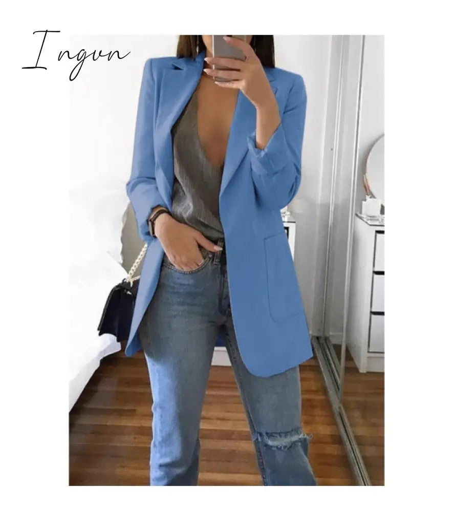 Ingvn - Fashion Korean Casual Women's Blazer Spring Autumn Long Blazer Women Suit Outwear Slim Coats Office Ladies Blazer Work Jacket