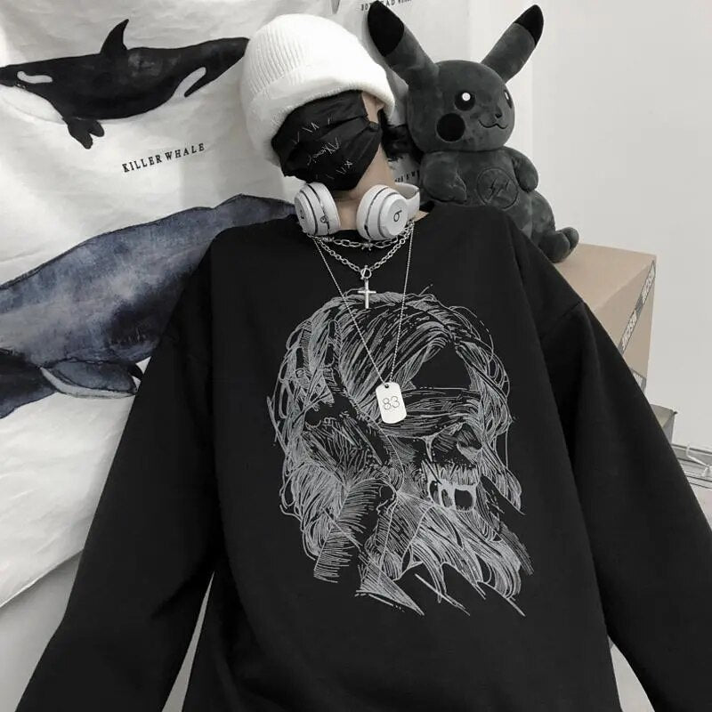 Retro dark printed sweatshirt for couples to wear loose black long sleeve top fashionable wide Songyuan night style album top