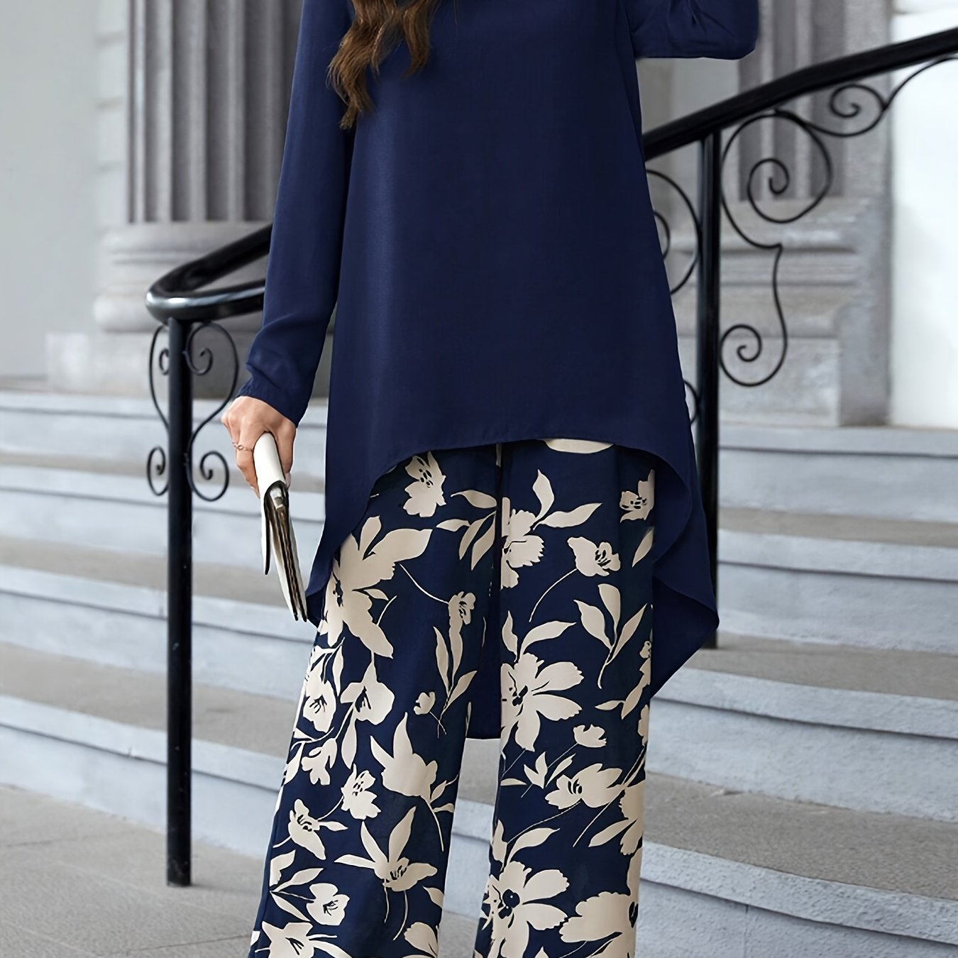 Long Sleeve Crew Neck Vacation Style Elegant Pantsuits, Wide Leg Pants & Dipped Hem Top Outfits, Women's Clothing