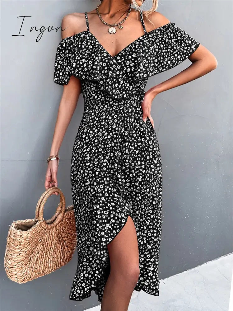 Ingvn - Ladies Spring Summer Sexy Straps Dress Women Green Off Shoulder Ruffles Casual Beach Dresses Female Floral Print Dress