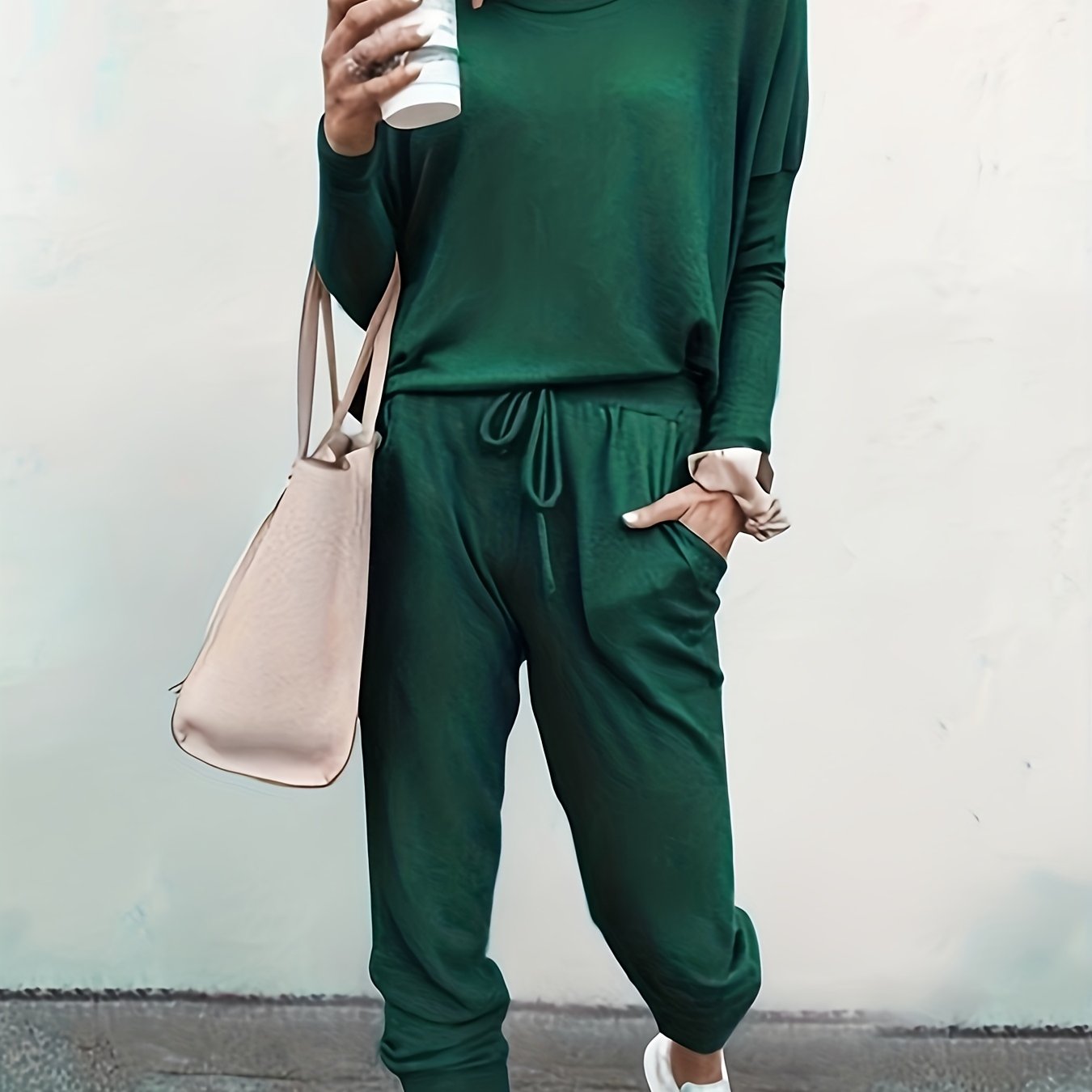 Chic Womens Two-piece Set - Comfy Long Sleeve Tee & Drawstring Jogger Pants - Versatile Solid Outfit for Casual Days
