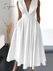 Ingvn - Women's Party Dress Swing Dress White Dress Midi Dress White Sleeveless Pure Color Ruched Summer Spring V Neck Fashion Birthday Wedding Guest Vacation Loose Fit 2023 S M L XL 2XL 3XL