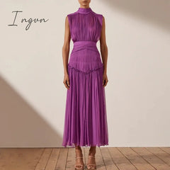 Ingvn - 2023 Summer Women Chiffon Midi Dress Party Stand Collar Sleeveless Pleated Waist Elegant Lady Ruched Floral Long Dress Ruffle
