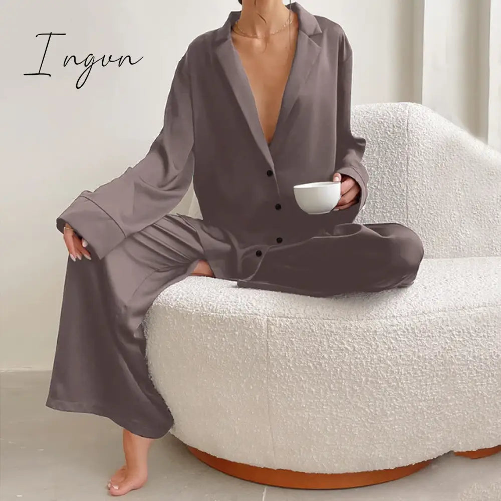 Ingvn - Oversized Satin Silk Sleepwear Low Cut Sexy Pajamas For Women Single-Breasted Long Sleeves Wide Leg Pants Trouser Suits
