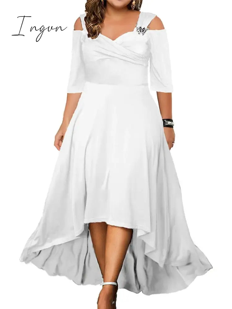 Ingvn - Women's Plus Size Party Dress Swing Dress Formal Dress Solid Color Midi Dress Half Sleeve Hollow Out Plus High Low V Neck Elegant Party Black White Summer Spring L XL XXL 3XL 4XL