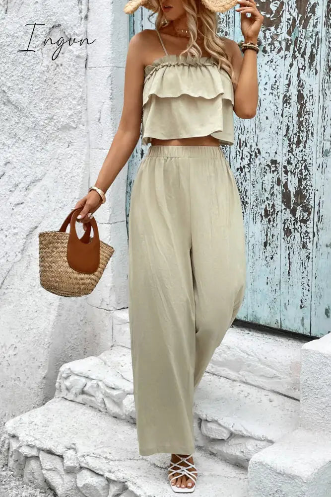 Ingvn - Frill Trim Cami and Wide Leg Pants Set