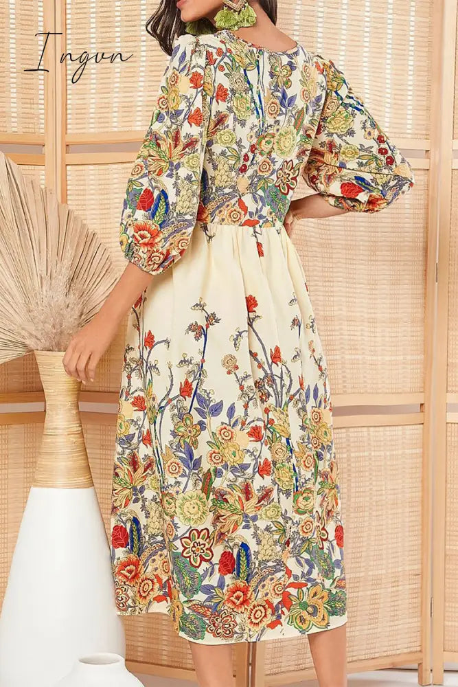 Ingvn - Elegant College Floral With Belt V Neck A Line Dresses(3 Colors)