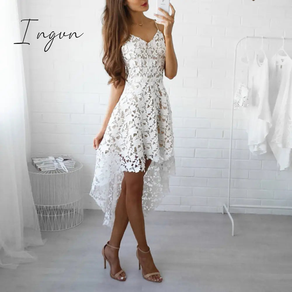 Ingvn - Women Fashion Trends Off Shoulder Lace Patchwork Elegant Dress Women Summer V Neck Spaghetti Strap Dress Female New Fashion Solid Party Dresses