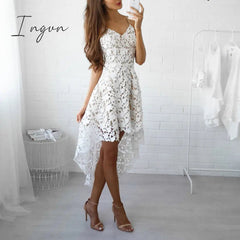 Ingvn - Women Fashion Trends Off Shoulder Lace Patchwork Elegant Dress Women Summer V Neck Spaghetti Strap Dress Female New Fashion Solid Party Dresses