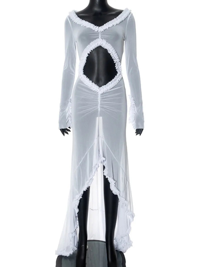 Ingvn  Woman Elegant Hollow Out Long Maxi Vacation Dress  Summer V-neck Ruffles See-through Formal Occasion Evening Party Dresses
