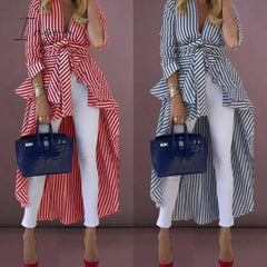 Ingvn - High Street Women Stripe Shirts Long Sleeve V-neck Loose Tops Blouse Striped Tied Front Dip Hem Shirt With Belt Long Shirts