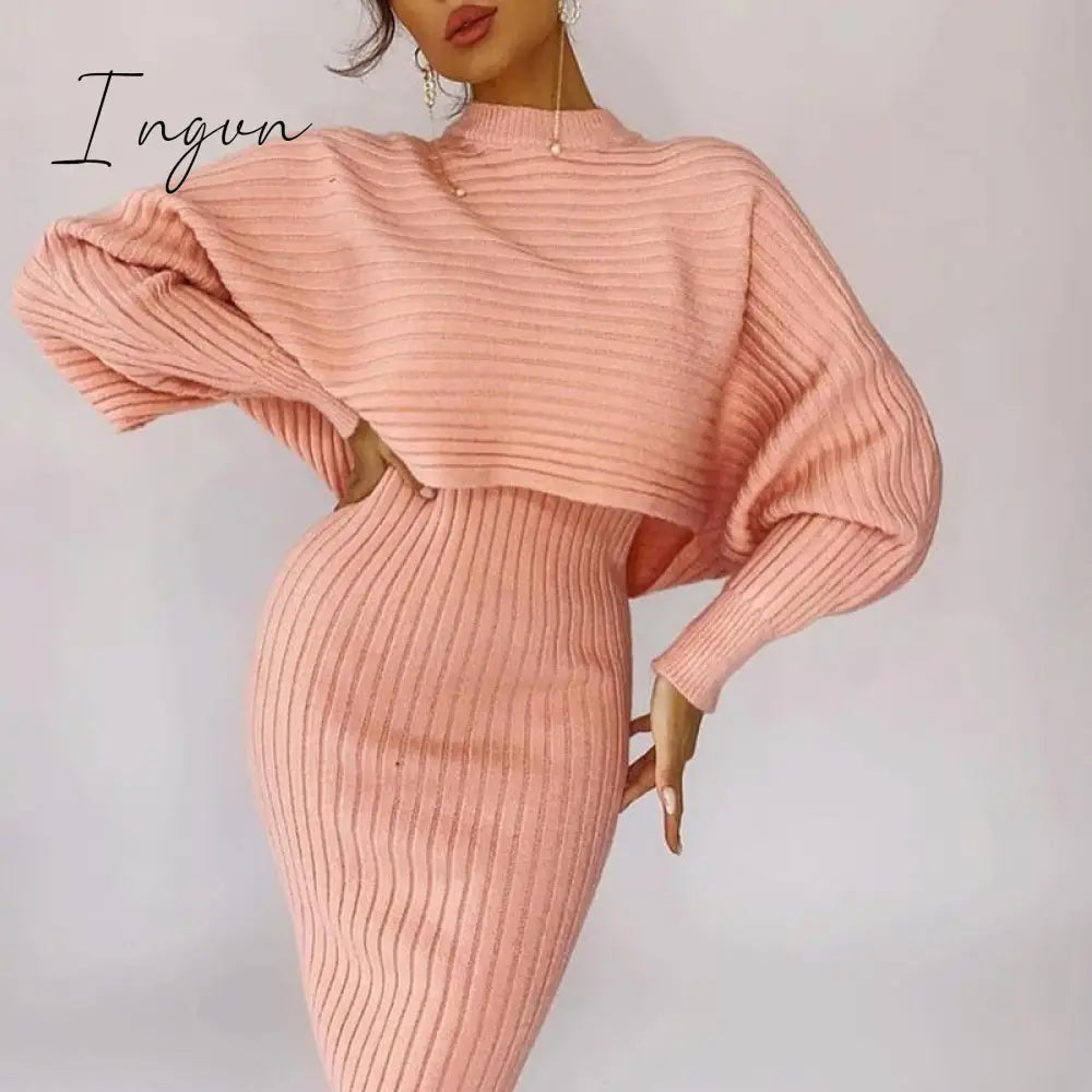 Ingvn - Women Elegant Slim Two Piece Sets Female Sweater Dress Autumn Winter High Waist Knitted Ensemble Femme Medium Long Party Dresses