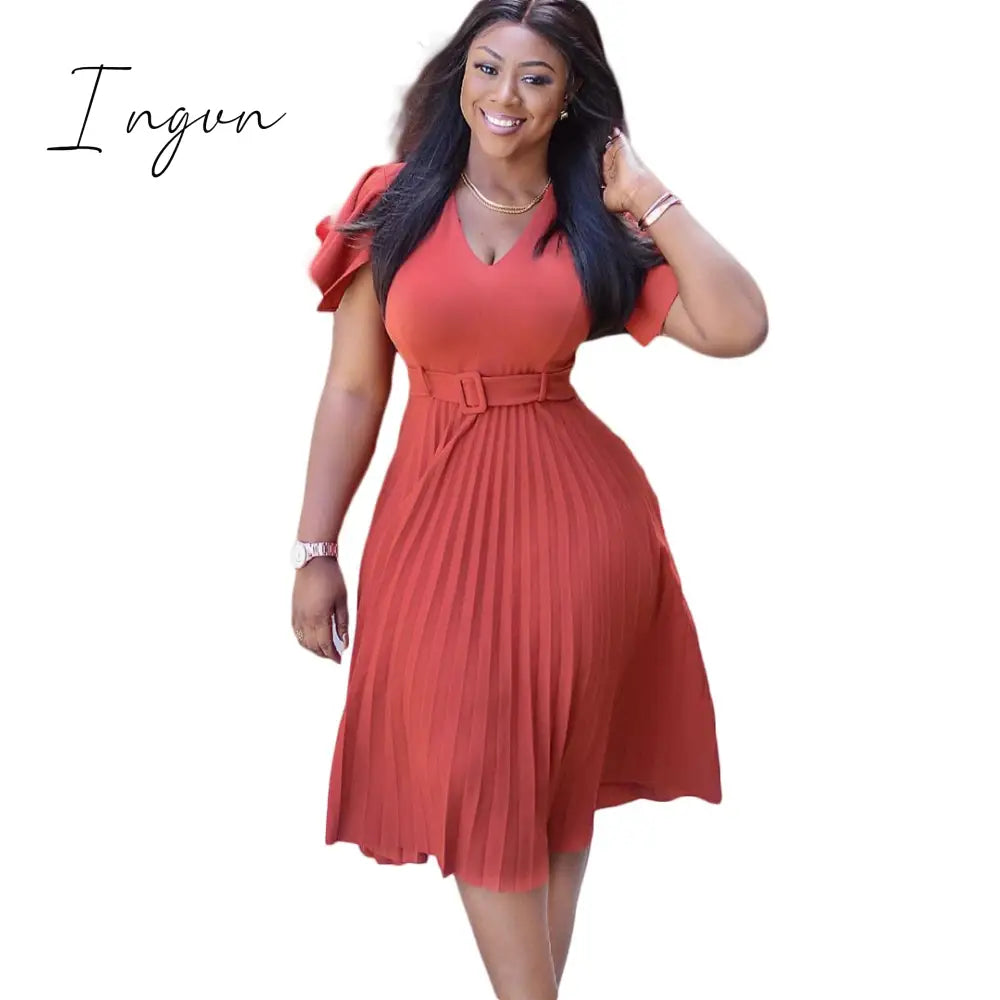 Ingvn - Women Pleated Dresses High Waist Short Sleeves A Line Modest African Office Ladies Work Wear Date Elegant Classy Robes Vestidos