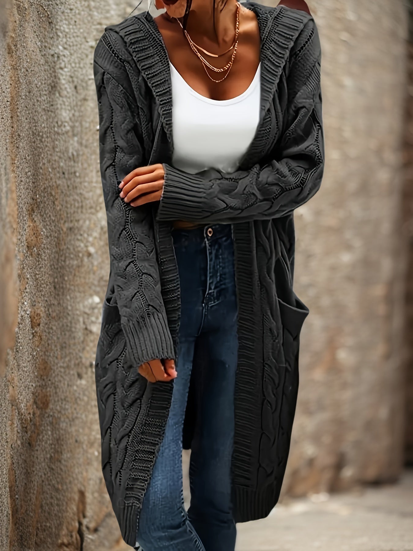 Cozy Micro-Elastic Plus Size Women's Long Sleeve Open Front Hooded Cardigan with Pockets for Casual Daily Wear - Solid Cable