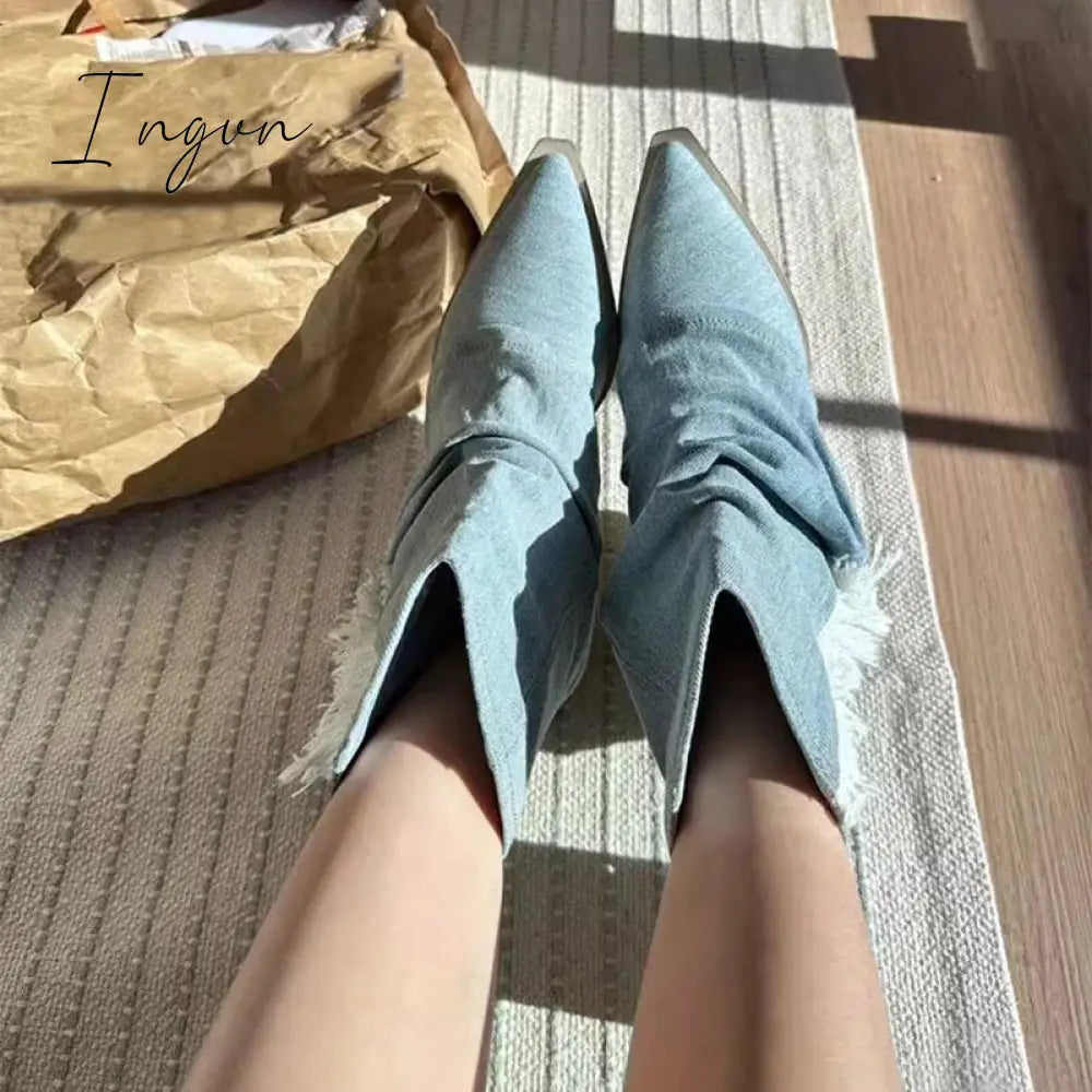 Ingvn - Pleats Blue Denim Thigh High Boots for Women 2023 Autumn Thick Heeled Pointed Toe Cowboy Boots Woman Slip On Western Long Boots