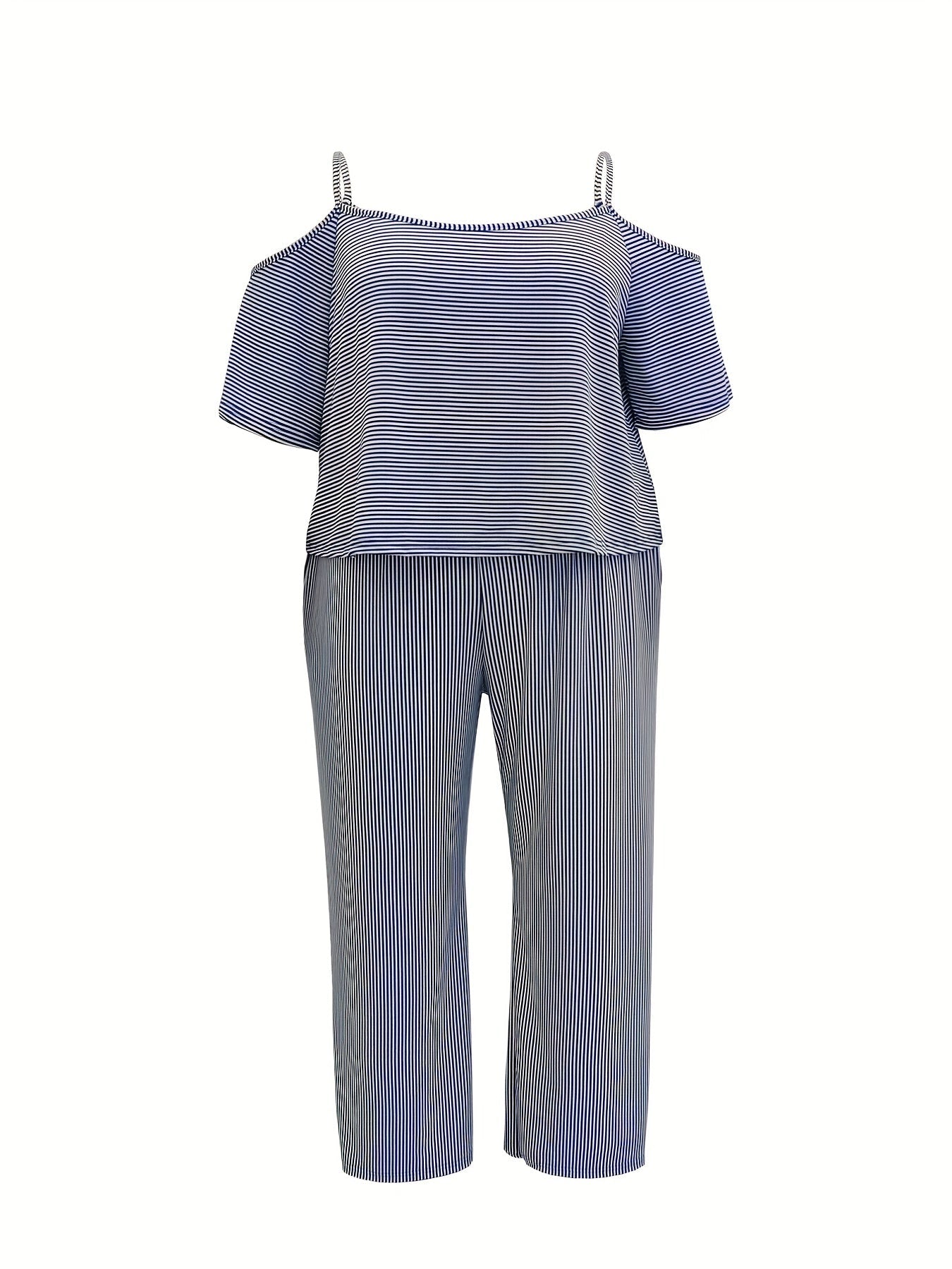 Plus Size Casual Outfits Two Piece Set, Women's Plus Stripe Print Cold Shoulder Top & Wide Leg Pants With Pockets Outfits 2 Piece Set