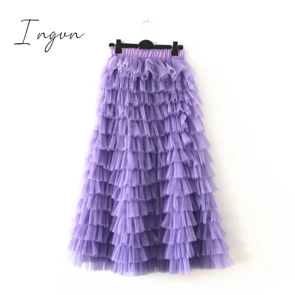 Ingvn - jupe femme Spring Party Skirt Elastic High Waist Long Tulle Skirt Women Multilayer ruffles Pink Mesh Tutu Skirt Ladies