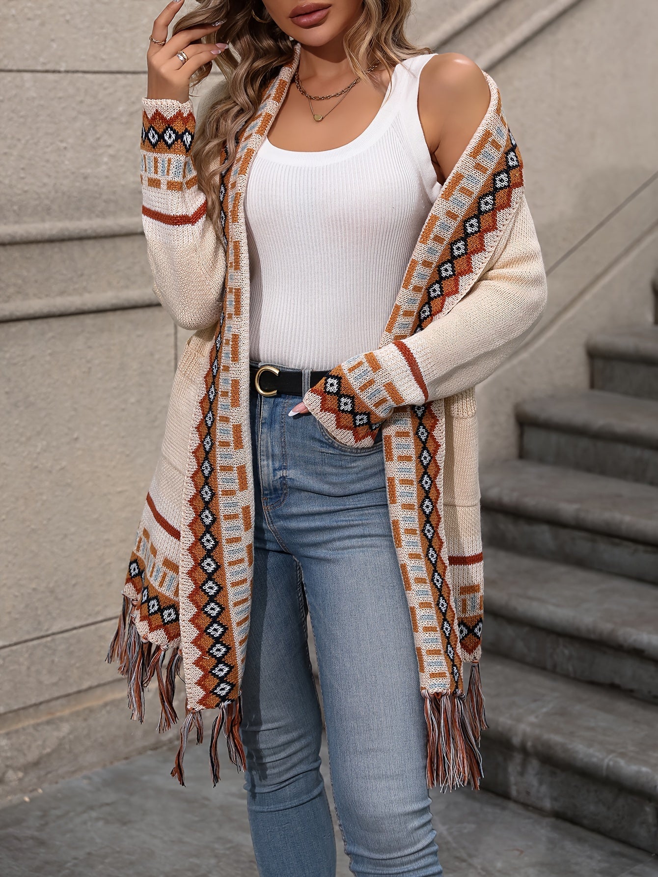 Vibrant Geo Pattern Tassel Hem Cardigan - Long Sleeve, Retro Ethic Style, Soft and Cozy, Perfect for Fall and Winter, Women's Fashion Clothing for Chic and Confident Ladies