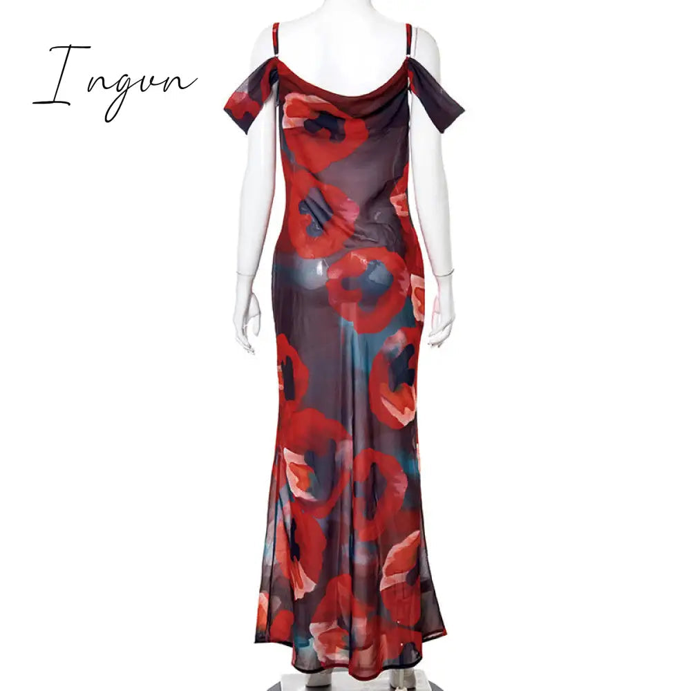 Ingvn - Outfits Summer New Beach Vacation Bohemian Fashion Shoulder Straps Sleeveless High Waist One Shoulder Temperament Elegant Long Dress