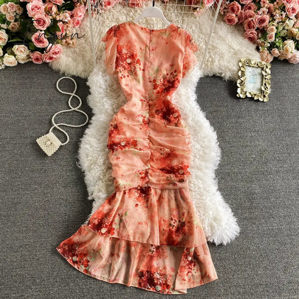 Ingvn - Vintage V-Neck Printed Chiffon Drawstring Mermaid Midi Dress Women Elegant High Waist Ruffle Vestidos Fashion Spring Summer
