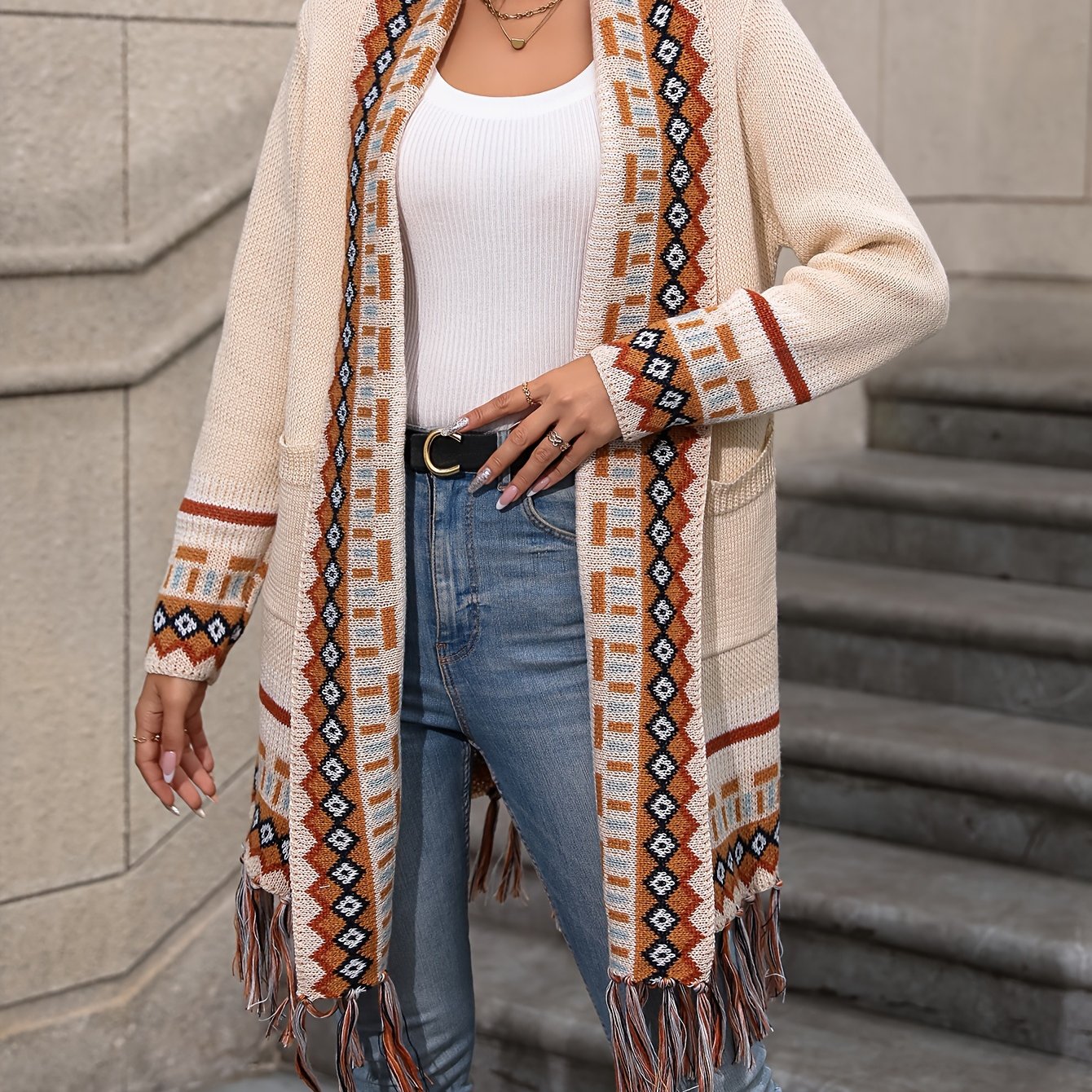 Vibrant Geo Pattern Tassel Hem Cardigan - Long Sleeve, Retro Ethic Style, Soft and Cozy, Perfect for Fall and Winter, Women's Fashion Clothing for Chic and Confident Ladies