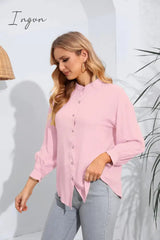 Ingvn - Mock Neck Buttoned Long Sleeve Shirt