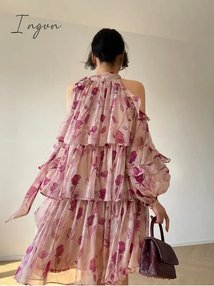 Ingvn - Floral Mini Dress Beach Style Woman Boho Long Sleeve Short Party Dress Casual Elegant Korean Fashion Dress Female
