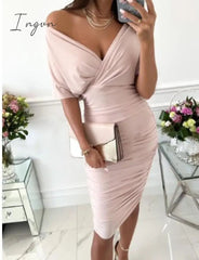 Ingvn - Spring Sexy Deep V Neck Ladies Bodycon Dress Elegant Women Solid Lantern Sleeve Sashes Party Dress Casual Female Vestidos