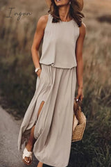 Ingvn -  Bohemian Sleeveless Side Slit Maxi Dress