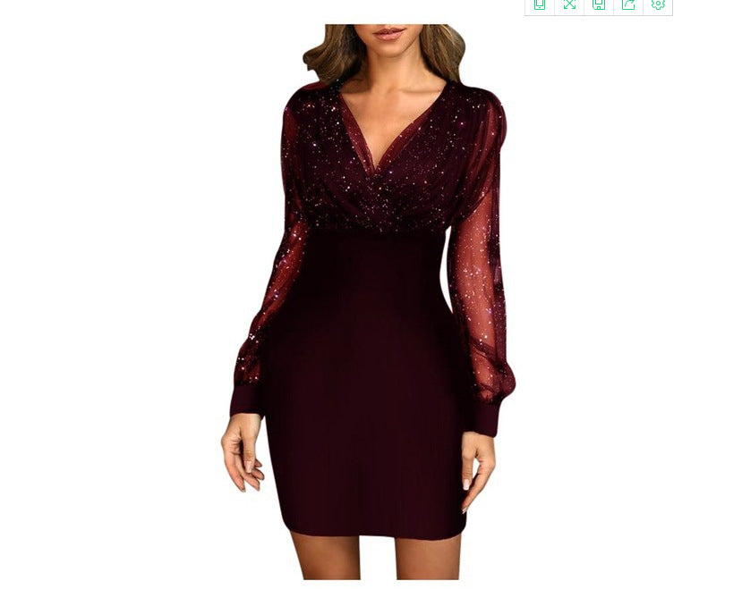 Women V-neck Sequin Dress Slim-fit Sexy dress