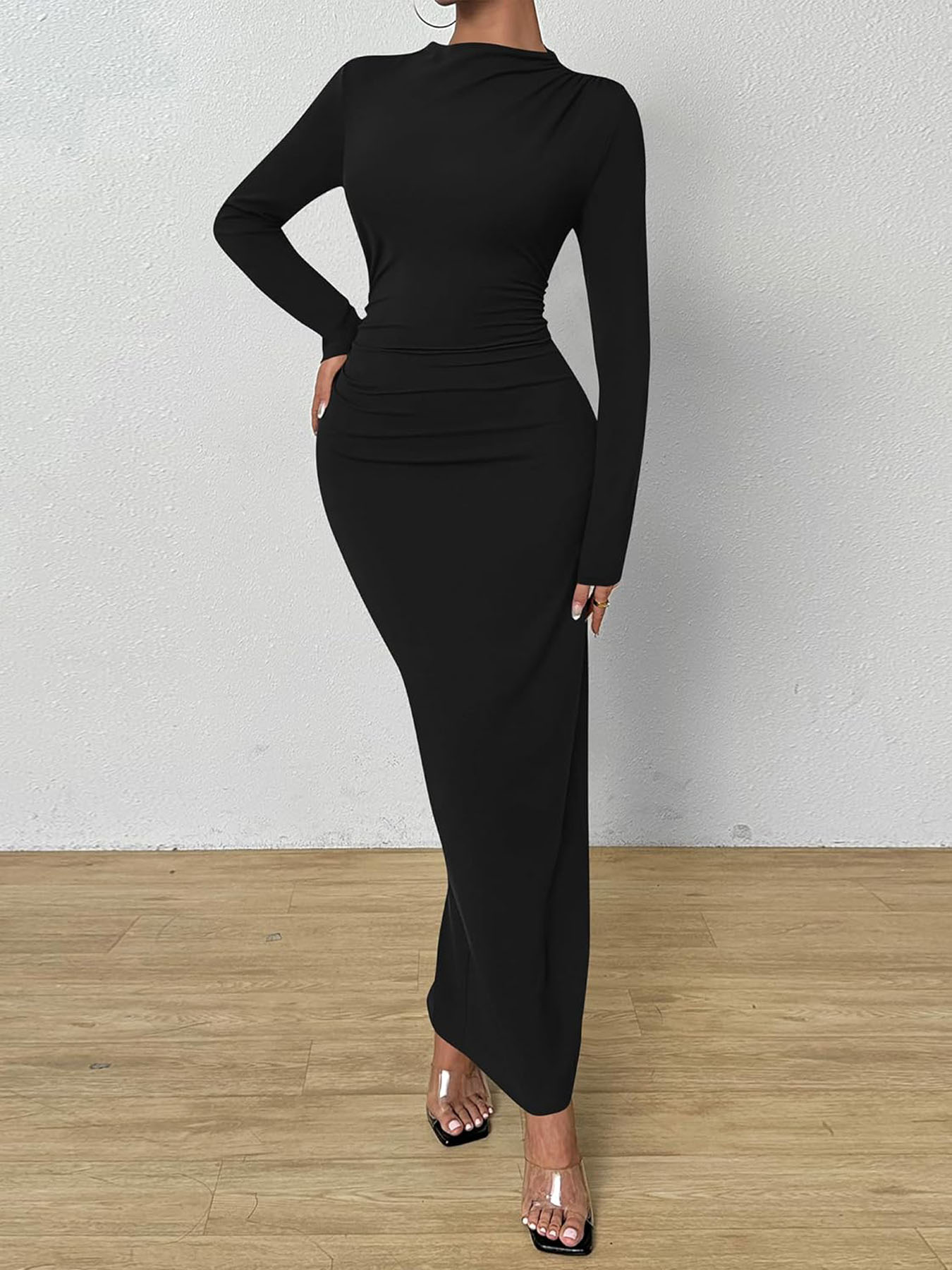 S-2XL Fashion Autumn Women's Slim Fit Long Dress, Long Sleeved Slit Pleated Dress, Elegant Party Wedding Dress