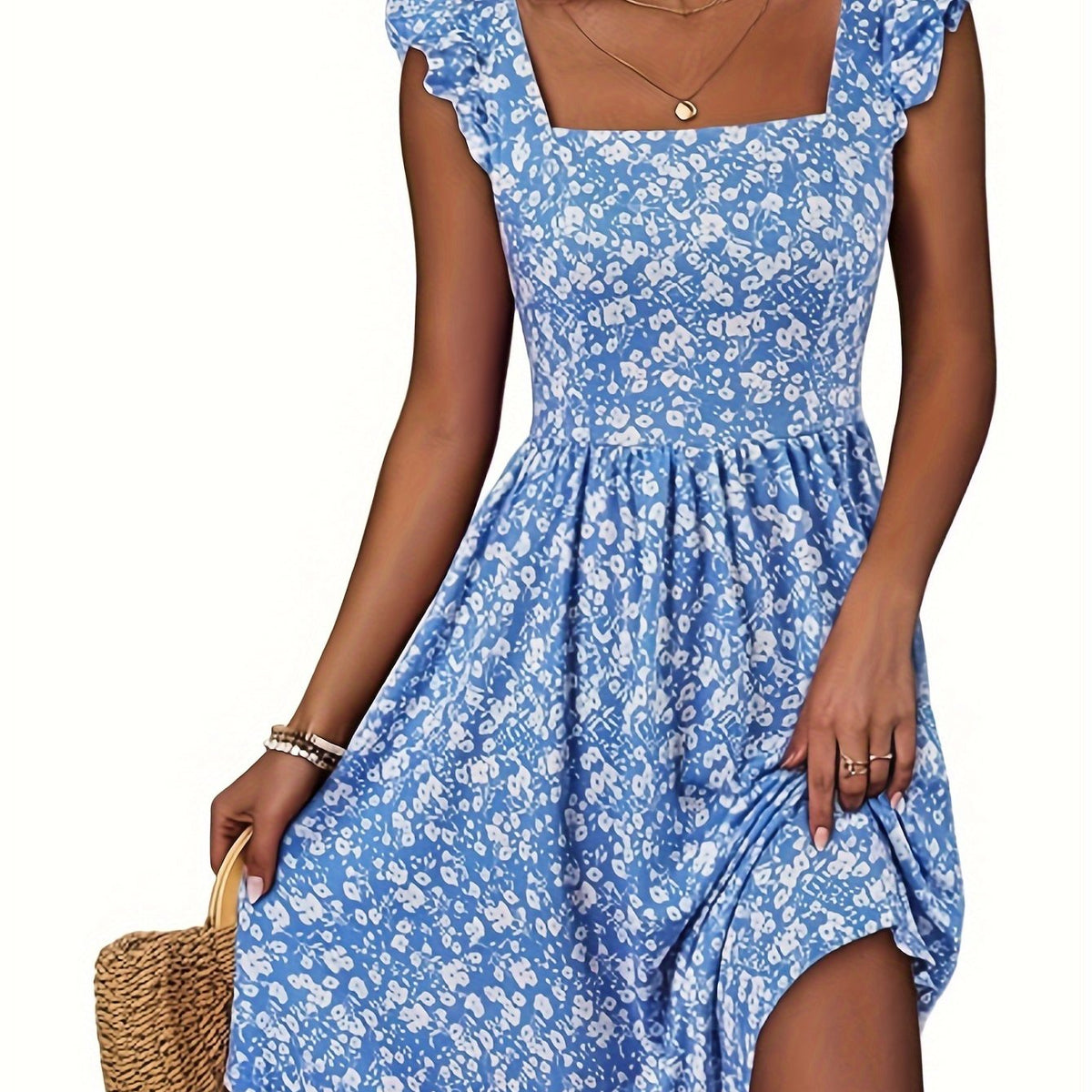 Floral Print Square Neck Patched Pockets Dress, Elegant Ruffle Sleeves Cinched Waist Dress For Spring & Summer, Women's Clothing