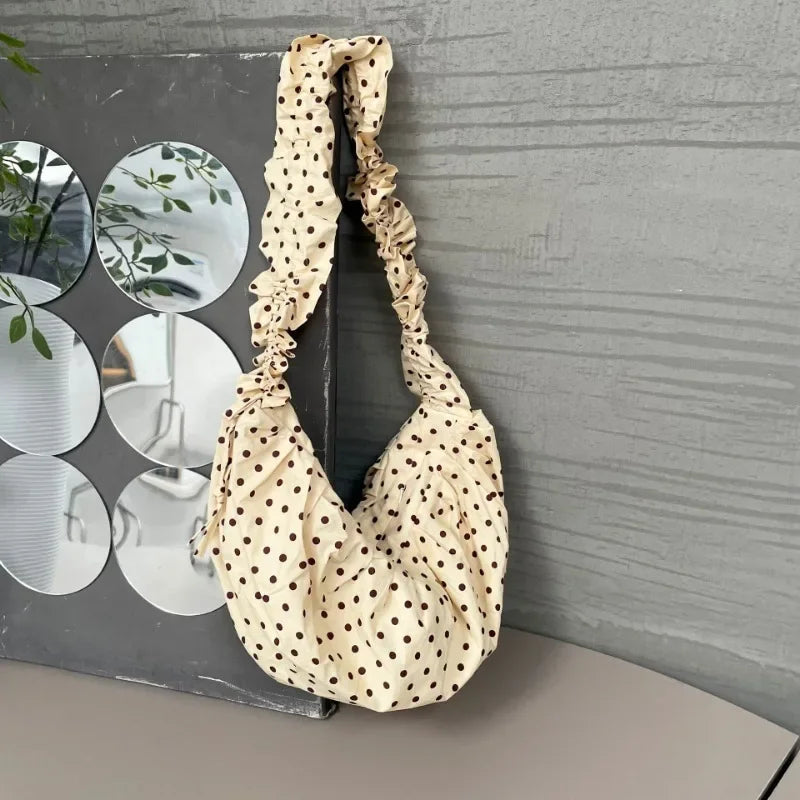 Ingvn  Women Chic Underarm Bag Large Capacity Polka Dot Retro Crossbody Bag All Matched Pleated Dumpling Bag for Outdoor Travel