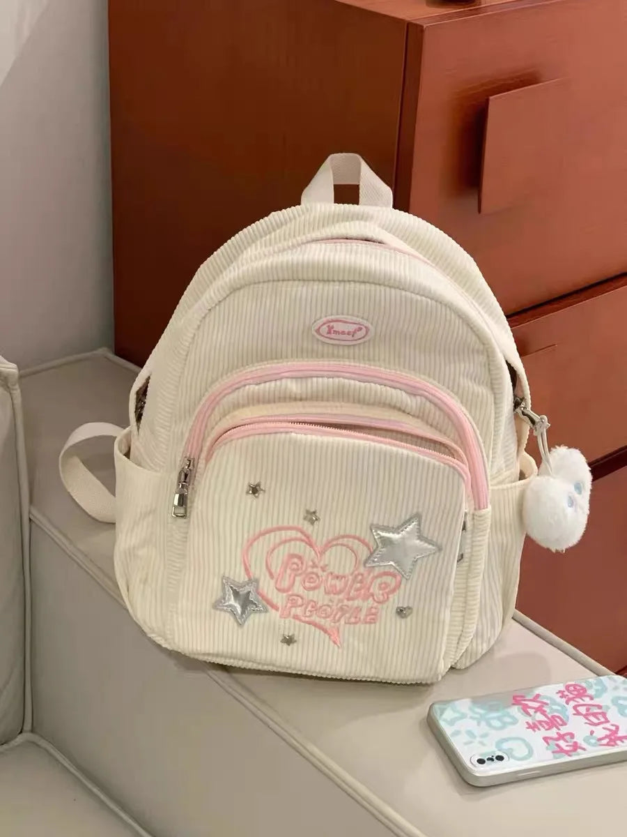 INGVN  Sweet Cute Backpack for Women Heart Star Letter White Corduroy Handbag New College Style Fresh Casual Fashion Shoulder Bag