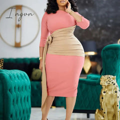 Ingvn - Autumn Fashion Elegant Colorblock Lace-Up Dress Women Office Ladies OL Colorblock Slim Dress Women