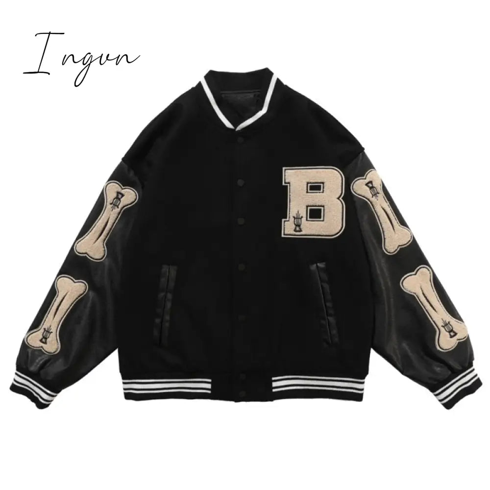 Ingvn - Hot Sell Quality Print Loose Baseball Jackets Women Casual Blue Long Sleeve Sports Coat Spring Autumn Female Streetwear Zipper Bomber Jacket