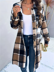 Classic Mid-Length Buffalo Plaid Shirt Jacket with Functional Pocket, Chic Turndown Collar, and Contrasting Buttons