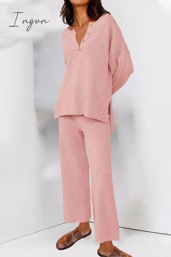 Ingvn - Simplicity Solid Buttons O Neck Long Sleeve Two Pieces