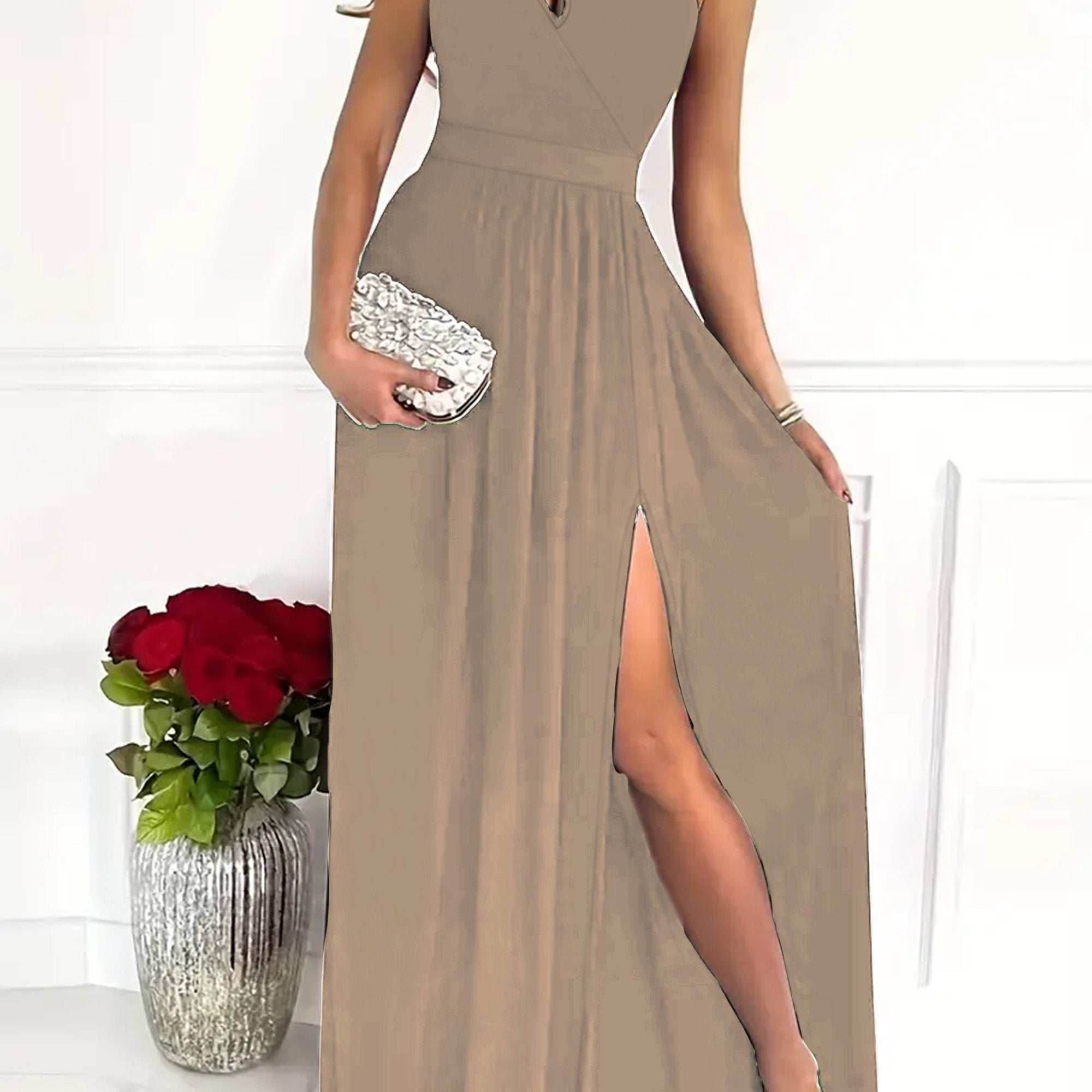 Solid One Shoulder Split Aline Dress, Elegant Ruffle Hem Sleeveless Asymmetrical Dress For Club & Party, Women's Clothing