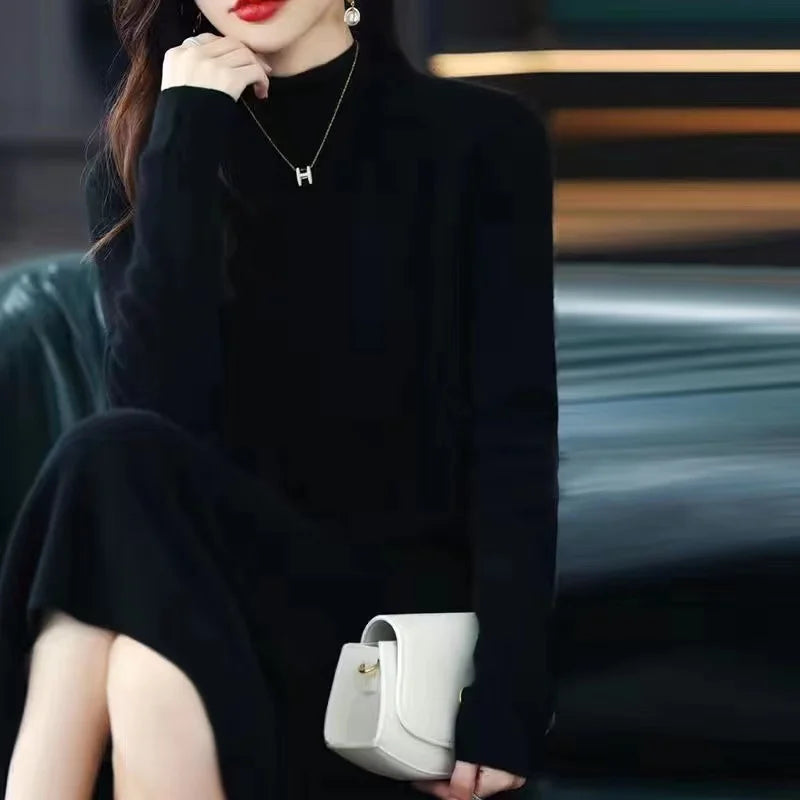 Korean Casual Long Sleeve Knitted Midi Dresses for Women Autumn Winter Elegant Half High Collar Sweaters Female Clothing