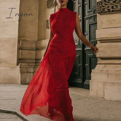 Ingvn - 2023 Summer Women Chiffon Midi Dress Party Stand Collar Sleeveless Pleated Waist Elegant Lady Ruched Floral Long Dress Ruffle