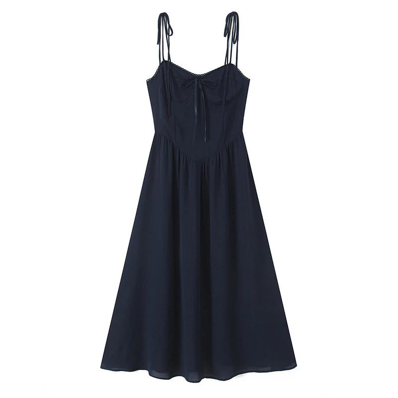 French Retro Floral Print Bow Sexy Spaghetti Straps Dress Women Elegant A-line Midi Casual Summer Dresses Holiday Robe
